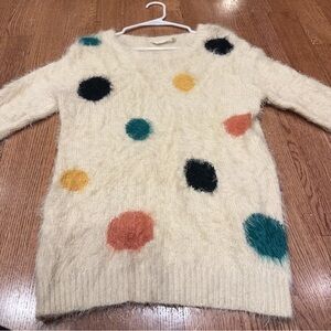 Women's Warm Fuzzy Long Winter Sweater Crew Neck Cream w/ Multicolor Polka Dots